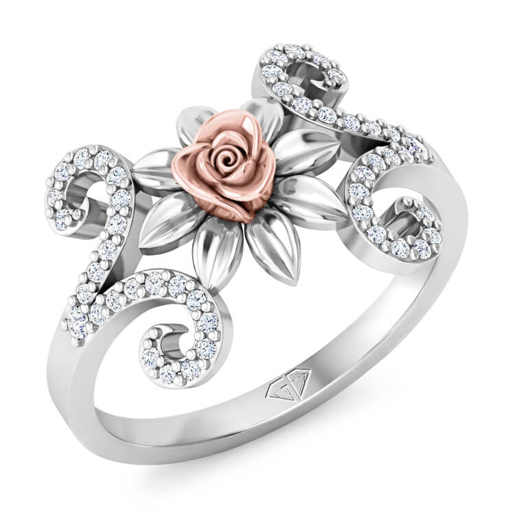 טבעת זהב ויהלומים בעיצוב וינטג' עם פרח